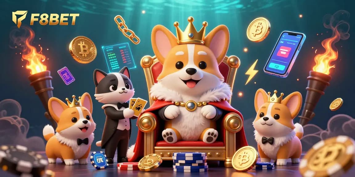 Engage with immersive F8BET gaming, featuring corgi royalty in a vibrant casino scene.
