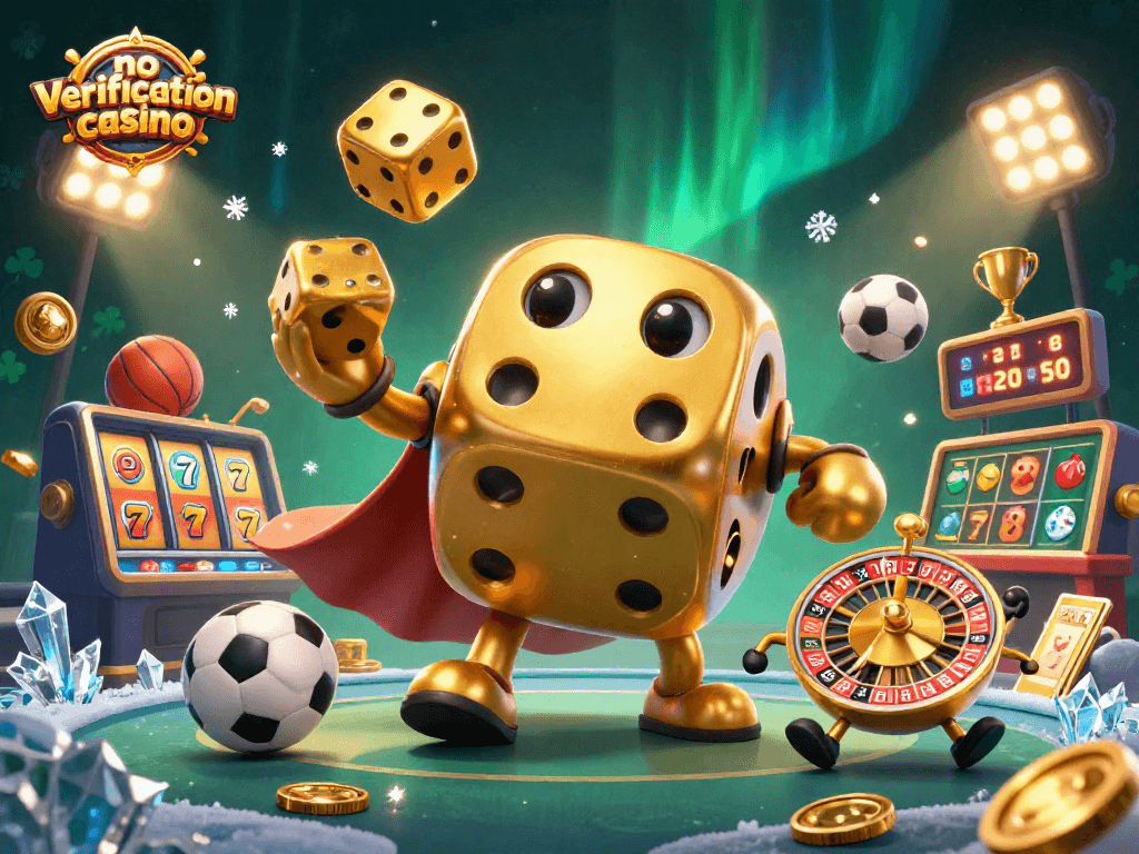 Experience the thrill at a no verification casino with 3D golden dice and lively gaming elements.
