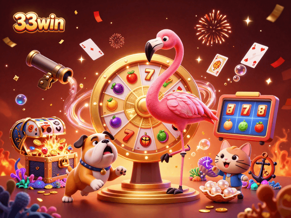 Spin the colossal prize wheel at 33win while excited characters celebrate, showcasing vibrant casino elements.