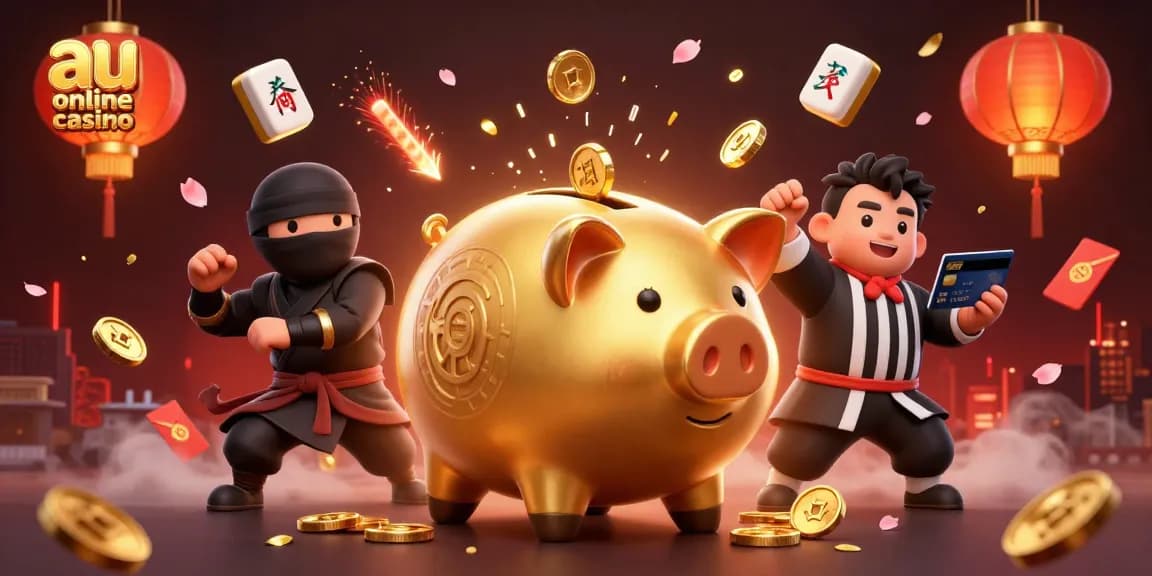 Engage with the vibrant aura of an au online casino in this animated 3D scene featuring a lively sumo wrestler and dynamic casino elements.
