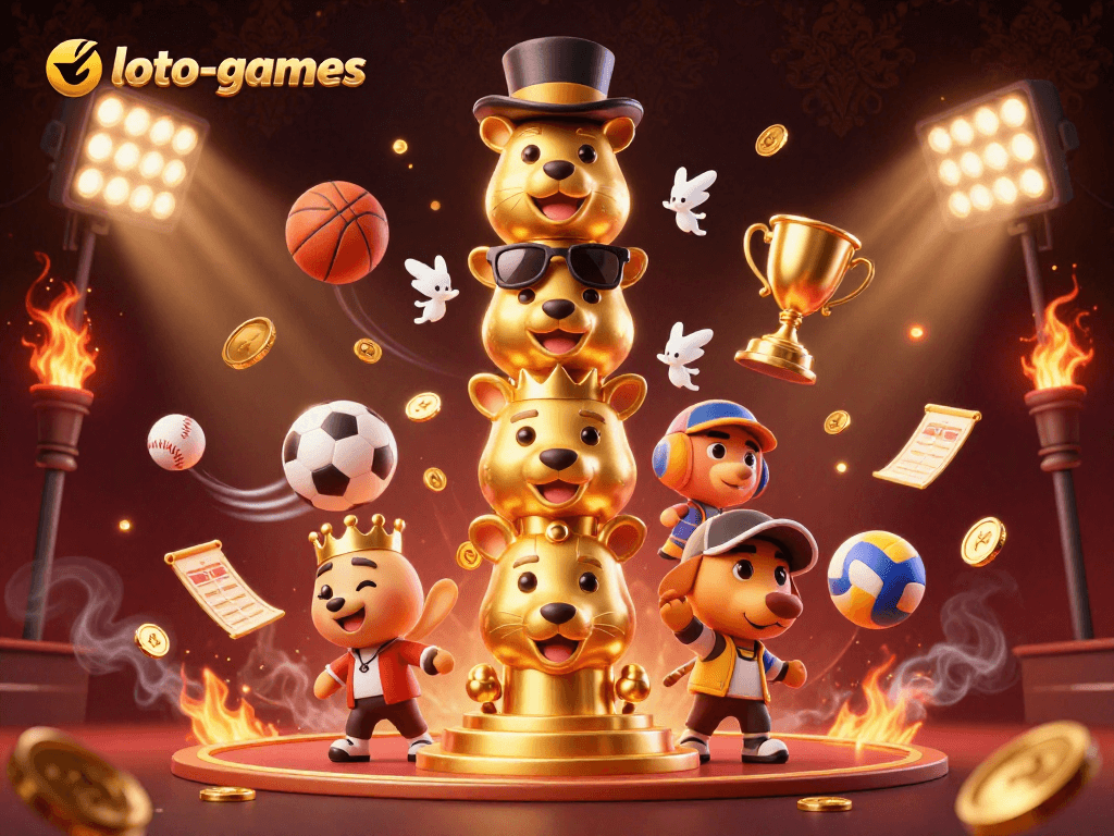 Experience thrilling sports betting action in loto-games with vibrant illustrations of trophies and sports balls.
