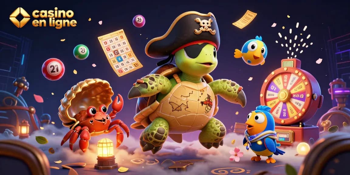 Jouer à un casino en ligne avec une tortue pirate et un crabe ermite entourés de trésors et de billets.