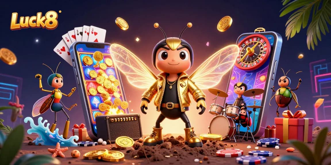 Luck8 showcases vibrant casino excitement with a cicada rock star and dynamic slot game elements.