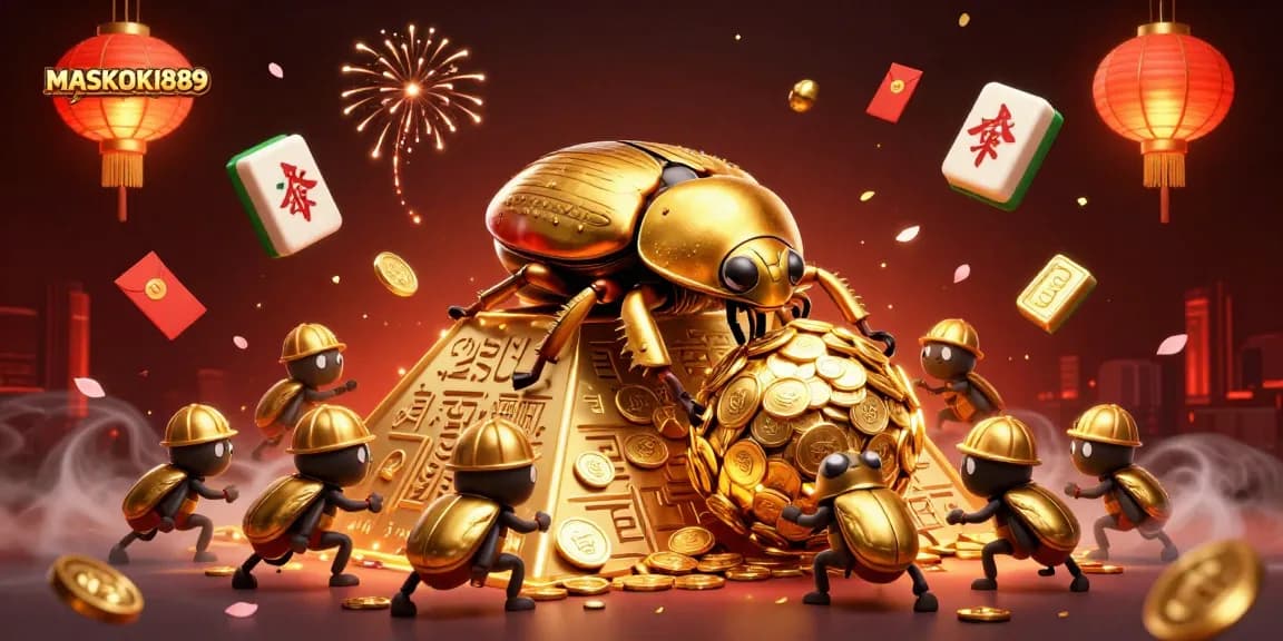 Engage with MASKOKI889 as a golden beetle navigates through dynamic casino symbols.