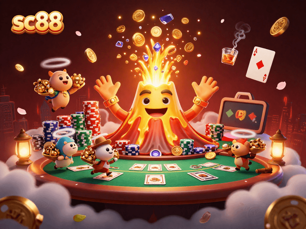 Experience sc88 excitement with a 3D gold volcano erupting treasures amid poker elements.