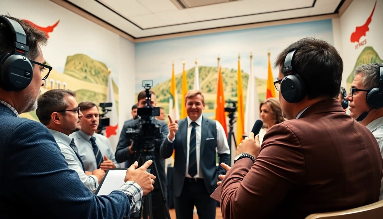 Engaging news reporters from https://cyprusnews.eu/ discussing current events at a Cyprus press conference.