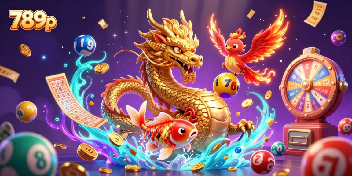 Experience the thrill of 789p with vibrant casino elements, colorful lottery balls, and lucky symbols!