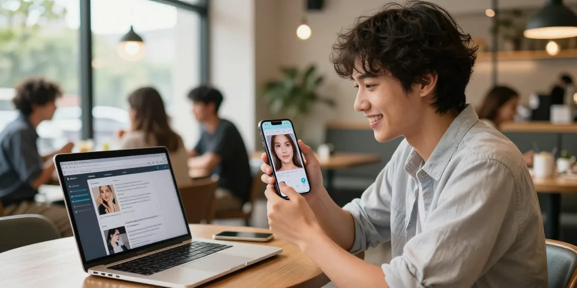 Test attractiveness using a mobile app in a lively cafe, showcasing facial analysis and personal confidence.