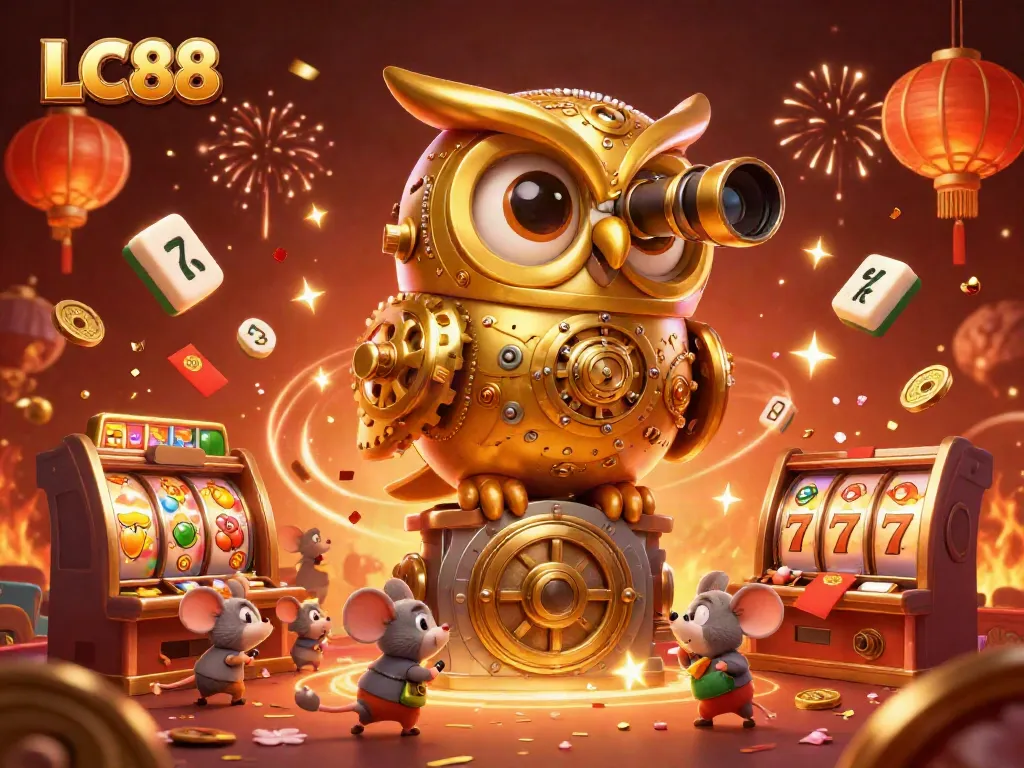 Engage in thrilling gaming at LC88 with golden owl and vibrant slots in an animated casino.