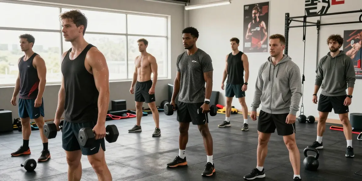 Men in dynamic gym setting wearing mens gym wear, showcasing strength training and fitness in high-performance clothing.