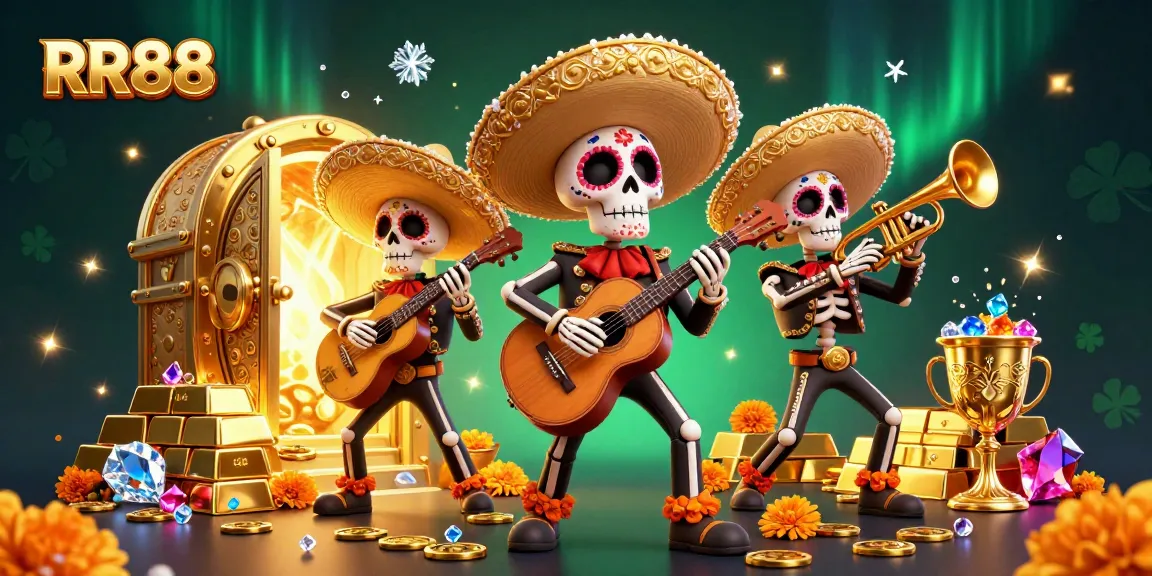 Engage with RR88's vibrant 3D scene showcasing a mariachi band amidst flowing treasures delighting gamblers.