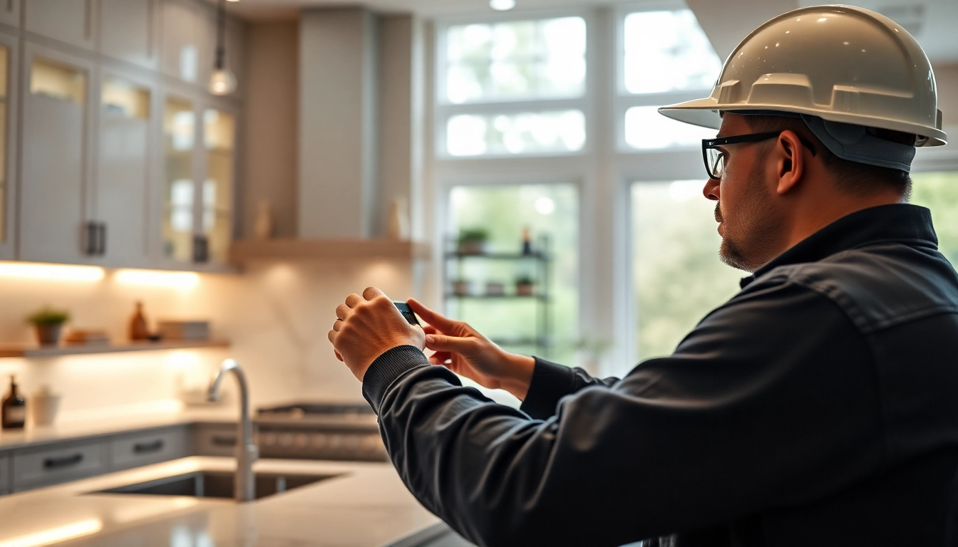 Luxury home electrician buckhead adjusting smart controls in an elegant kitchen setting.