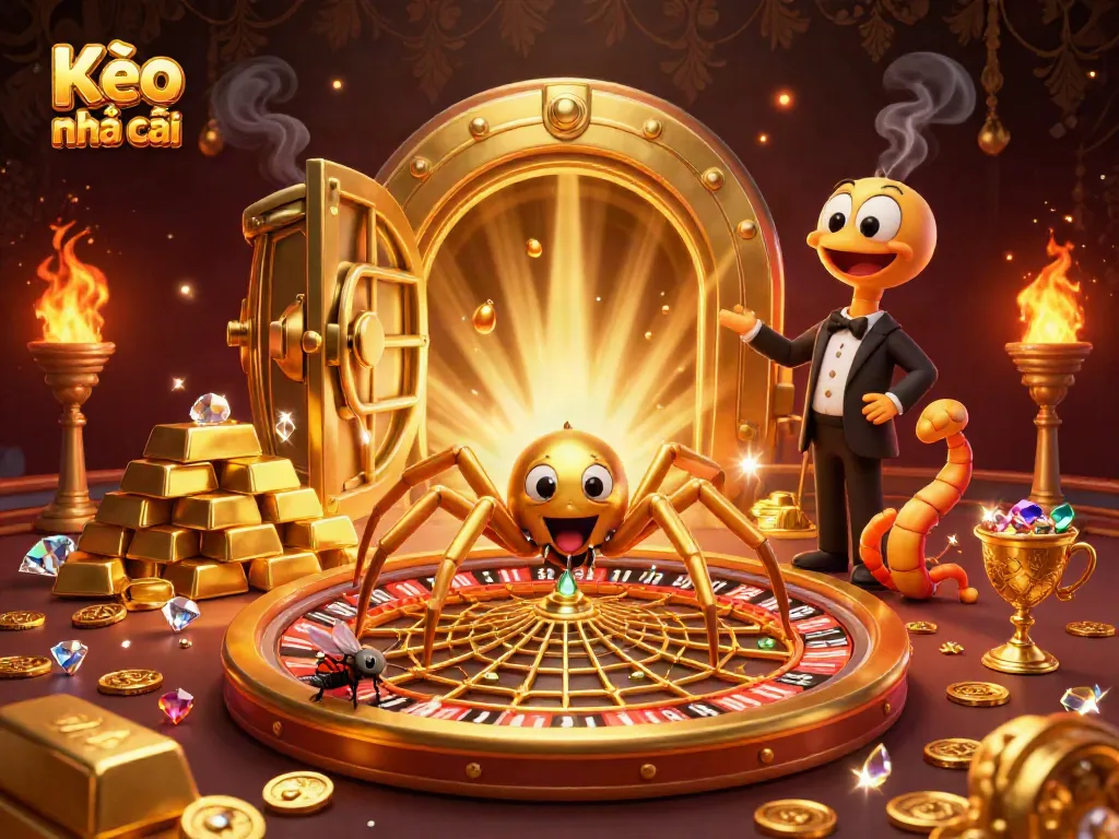 Experience thrilling Kèo nhà cái action with golden spider, fly, and centipede croupier in a packed gaming scene.