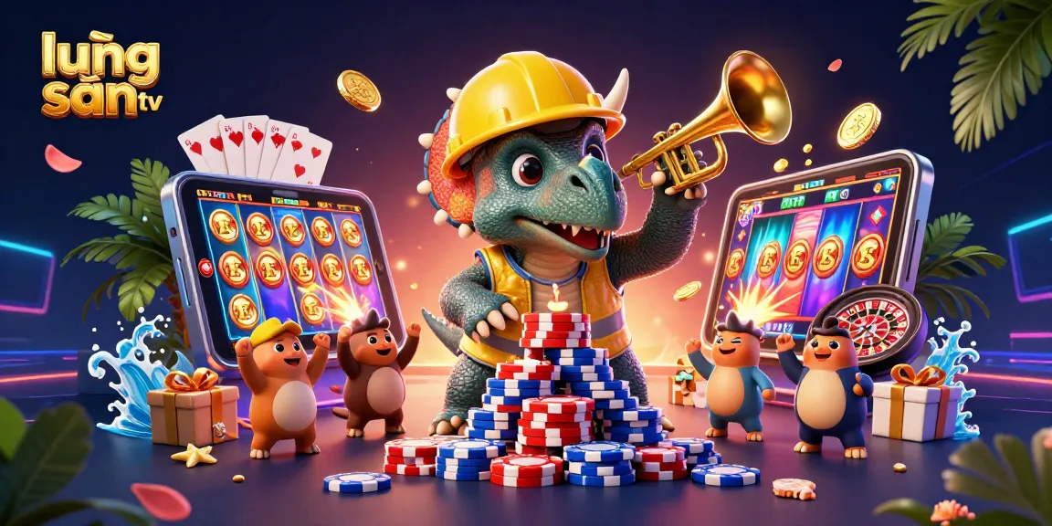 Experience thrilling gaming moments with lương sơn tv as cartoon dinosaurs celebrate with poker chips and slot games.