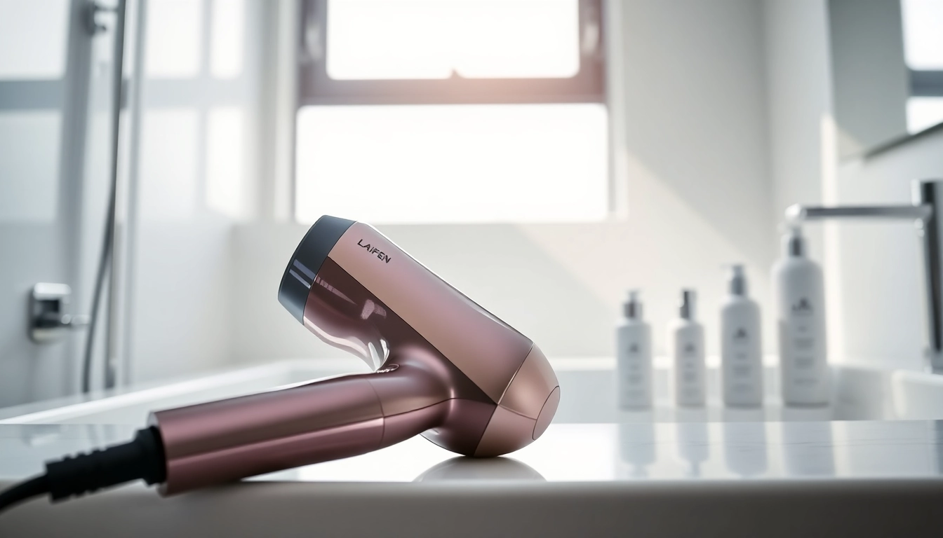 Laifen hair dryer showcased elegantly in a modern bathroom setting with a sleek design.