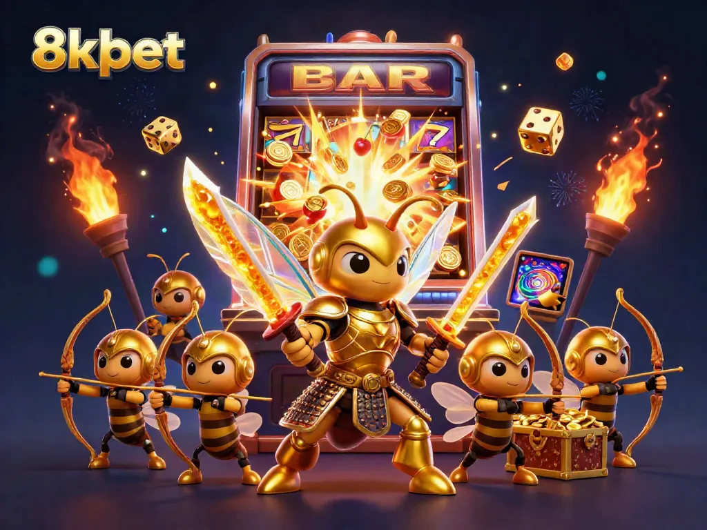 8xbet features an exciting scene of a giant golden hornet in samurai armor, amidst a jackpot explosion of casino elements.