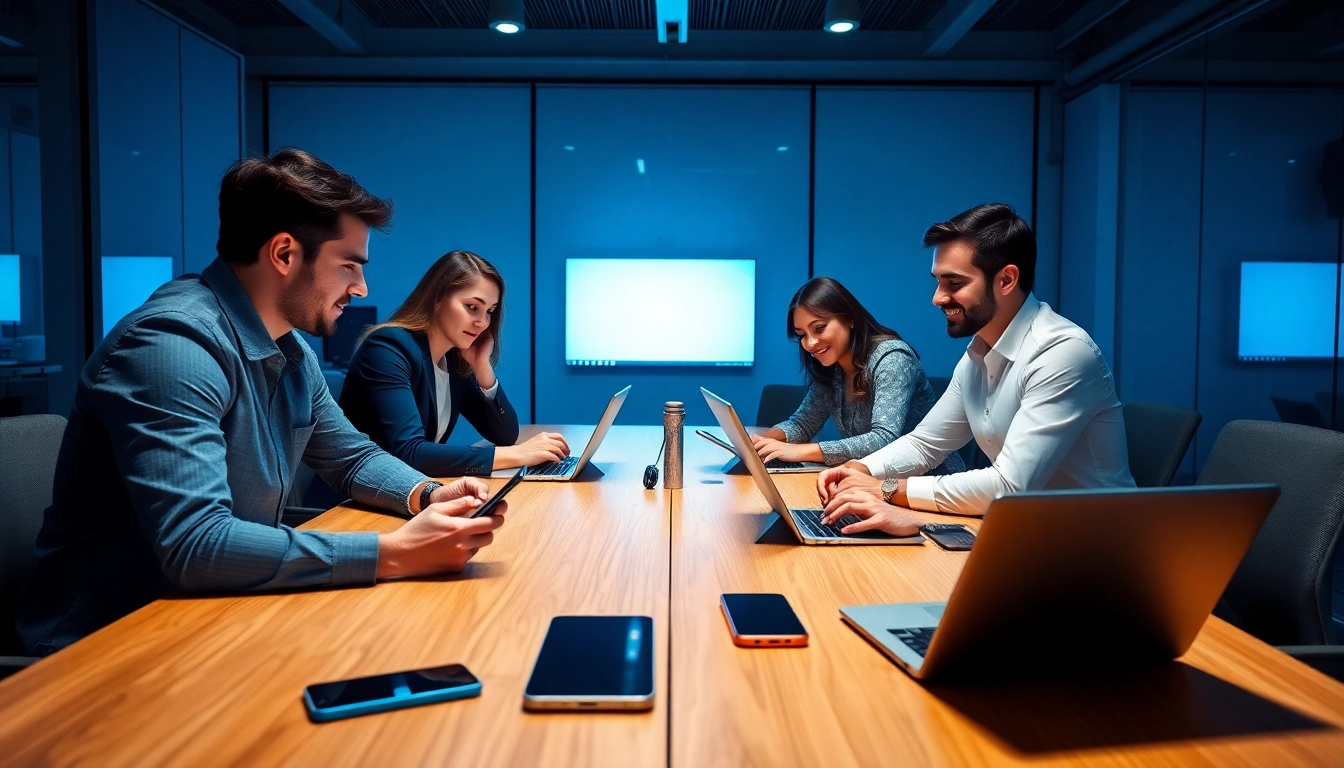 Evaluate business mobile contracts UK during a professional team meeting with smartphones and laptops.