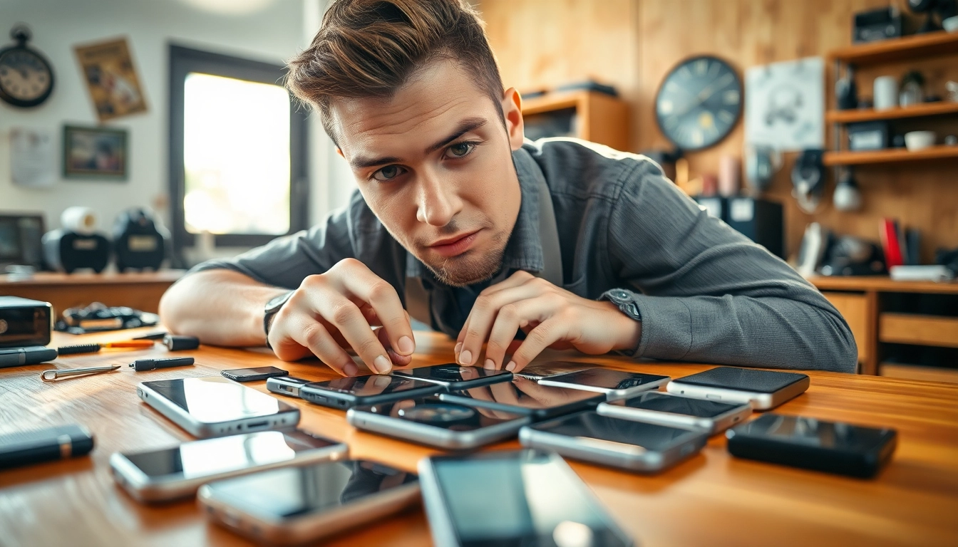Sell old phone for cash with a professional examining various smartphones.