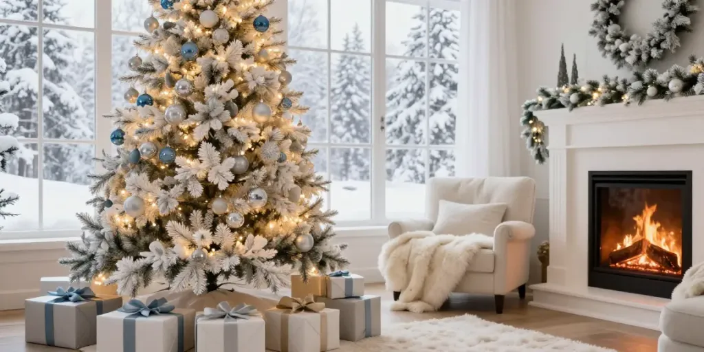 Elegant white Christmas tree adorned with ornaments in a cozy living room.