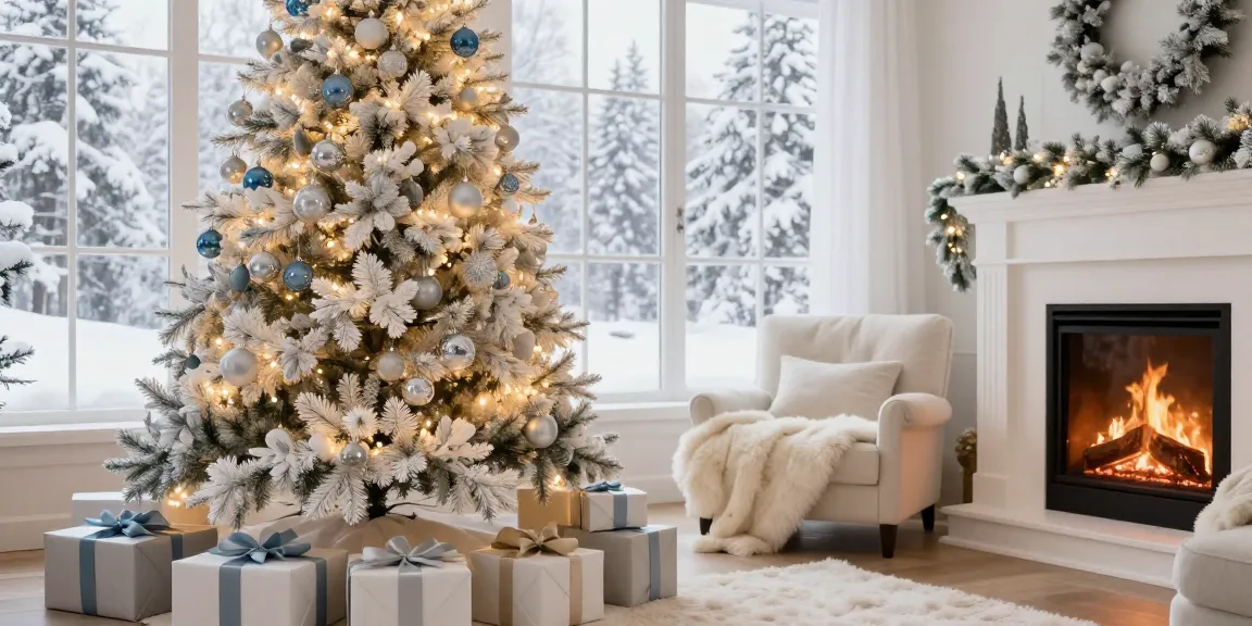 Elegant white Christmas tree adorned with ornaments in a cozy living room.
