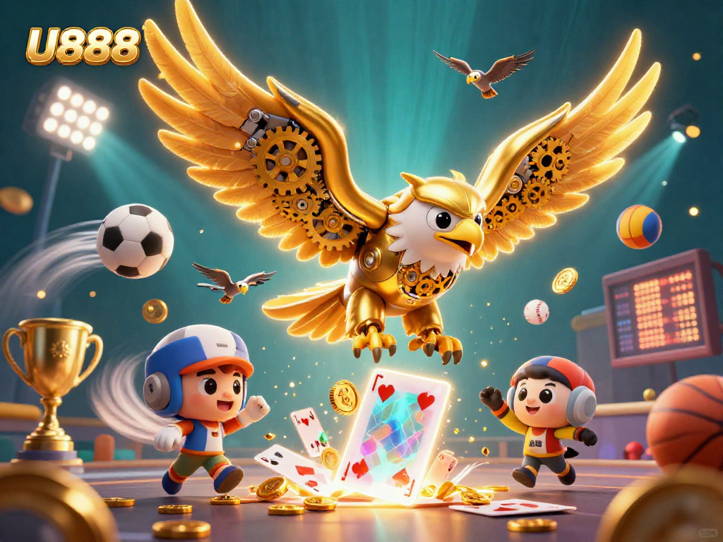 Experience U888 gaming with a stunning 3D eagle soaring among animated sports elements.