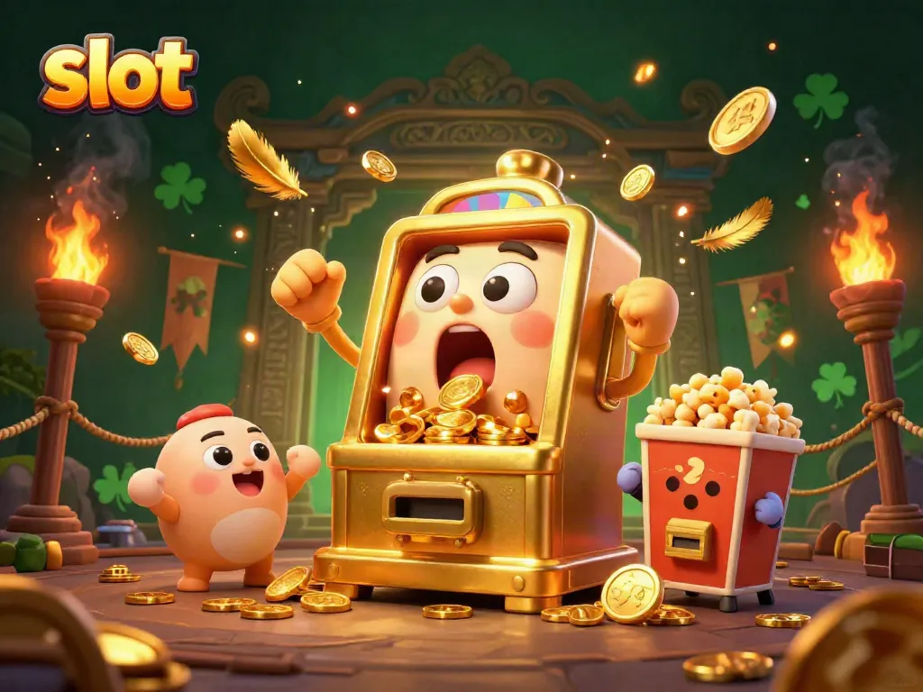 Slot mesin kaya emas yang memukau mengeluarkan koin saat menang besar, dengan slot kecil bersorak di sekitarnya.