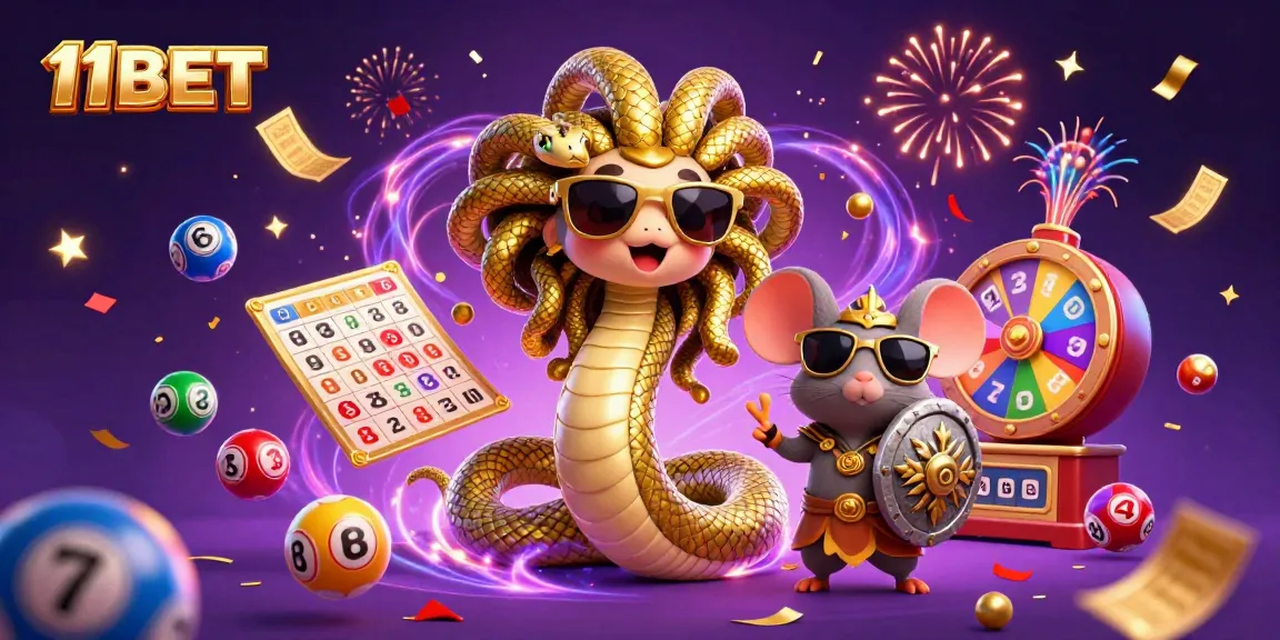 Engage in thrilling lottery games with 11BET’s festive scene featuring Medusa and fun elements.