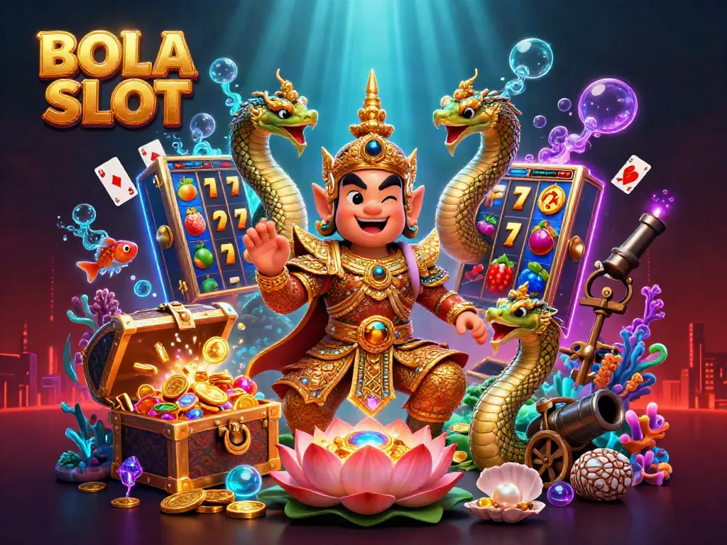 BOLA SLOT immersive scene with a Thai guardian, Naga companions, and vibrant slot reels surrounded by treasure and colorful gems.