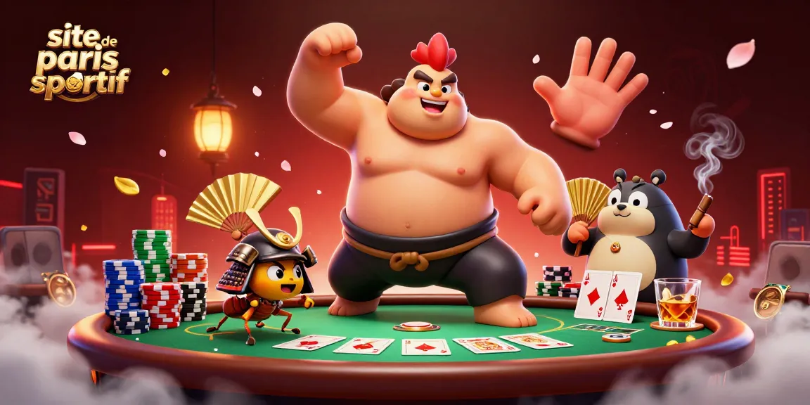 Illustration dynamique mettant en avant un site de paris sportif avec un lutteur sumo, un criquet samouraï et un tanuki animateur.