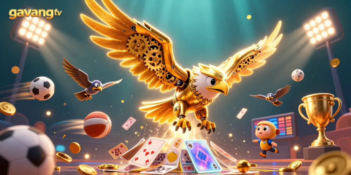 Experience the thrill of betting with gavangtv's captivating 3D illustration of a golden eagle and sports elements.