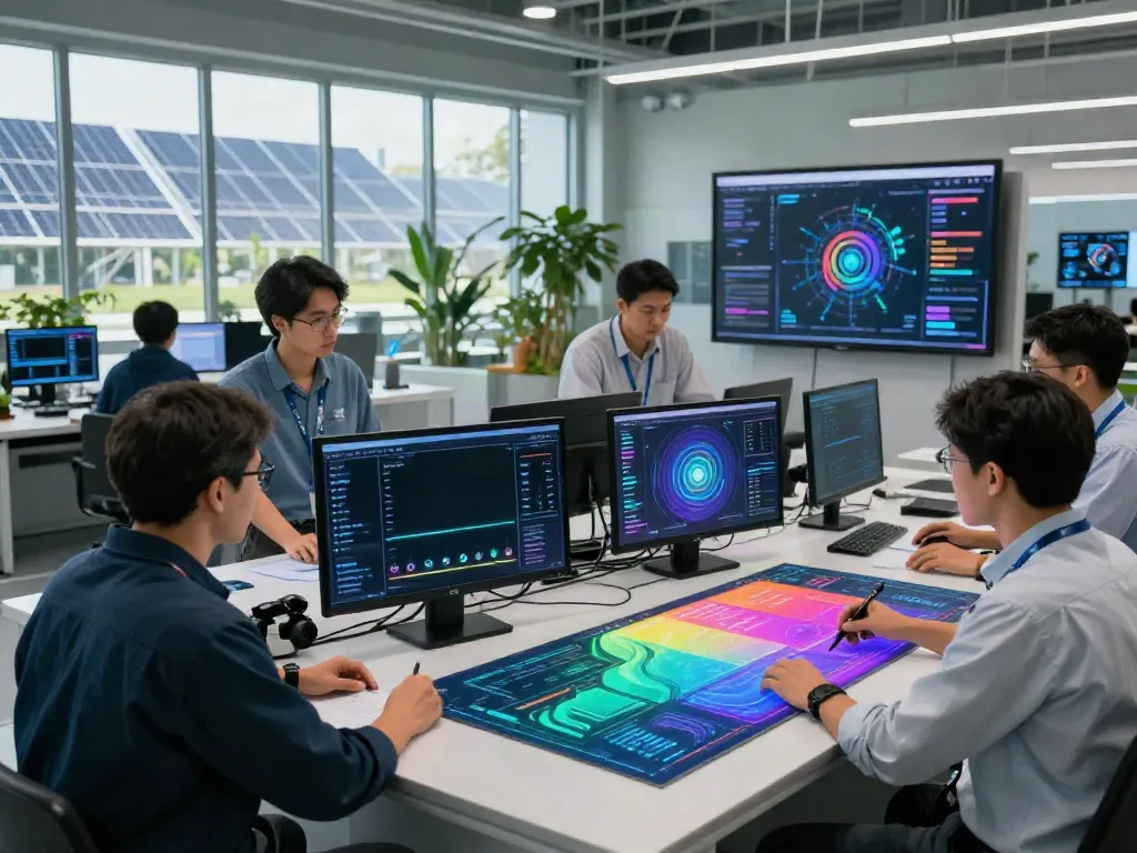 Engineers collaborating on AI infrastructure metrics, showcasing the AI Token Economy.