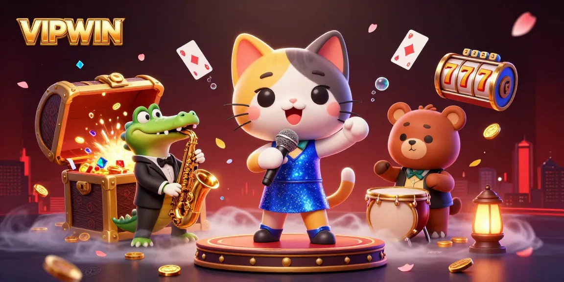 Experience VIPWIN excitement with a playful 3D jazz-singer cat and vibrant casino elements.