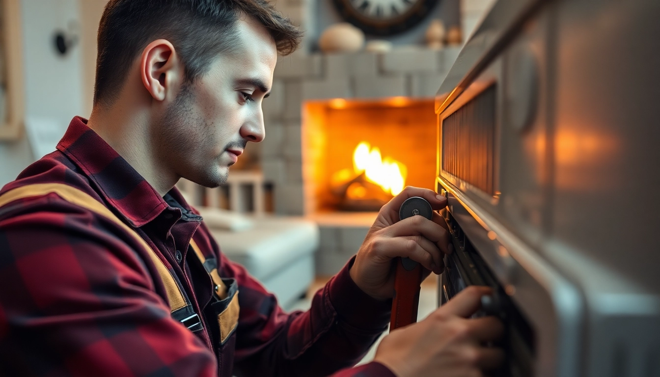 Technician performing emergency heating repair in a warm living room.