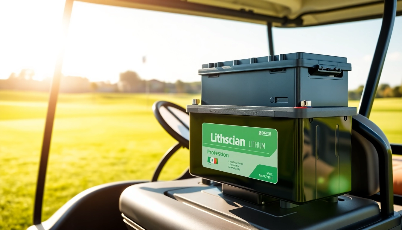 Showcasing lithium golf cart batteries on a golf cart against a vibrant course backdrop.