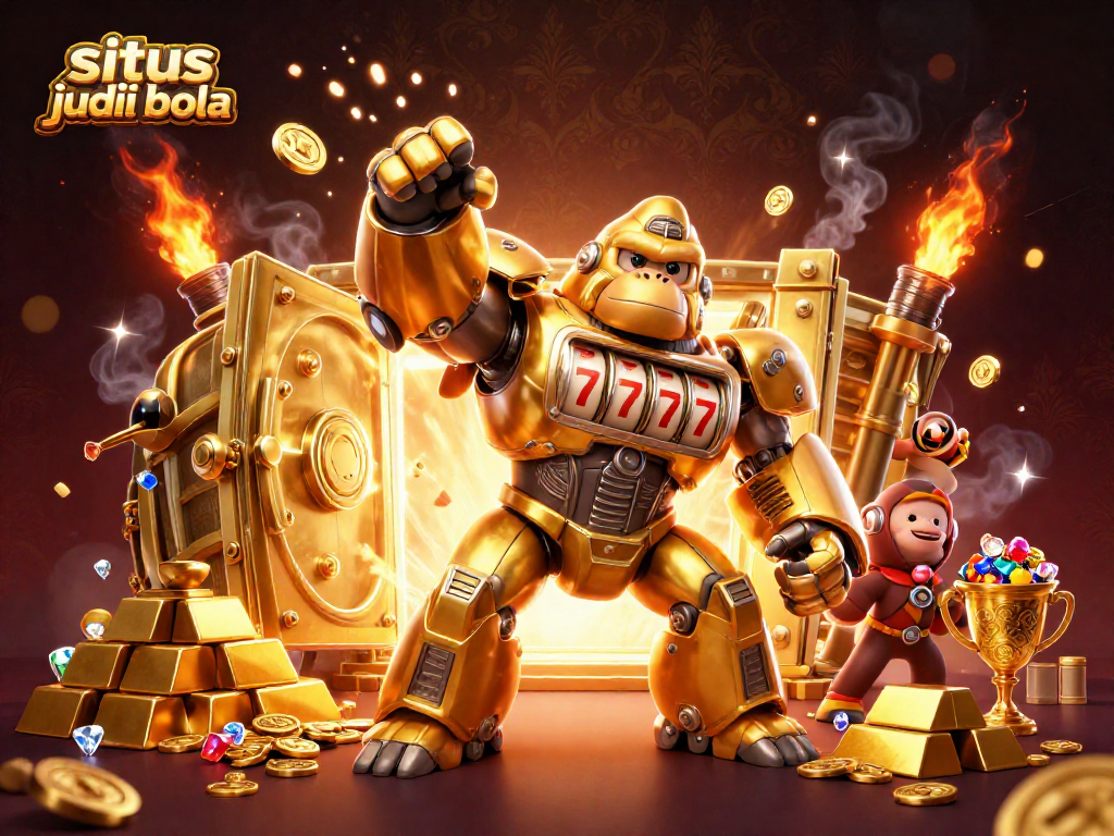 Experience thrilling action at situs judi bola with an electrifying golden gorilla mech and treasures bursting into view!