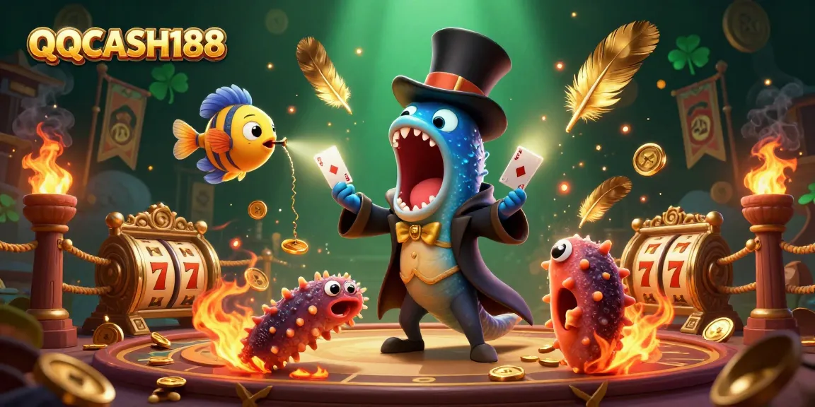 Experience the magic of QQCASH188 with a bioluminescent eel performing card tricks in a vibrant casino scene.