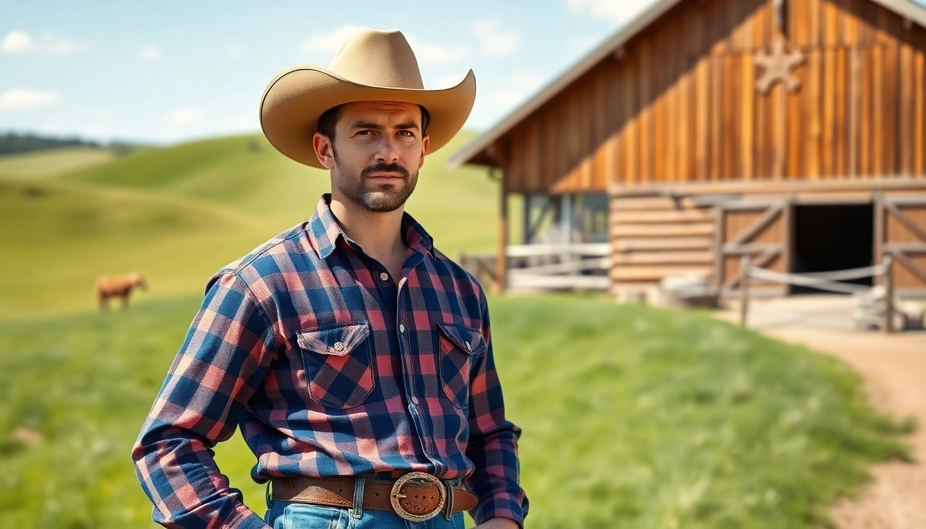 Cowboy in western wear Canada showcases style amidst a ranch backdrop, exuding confidence.