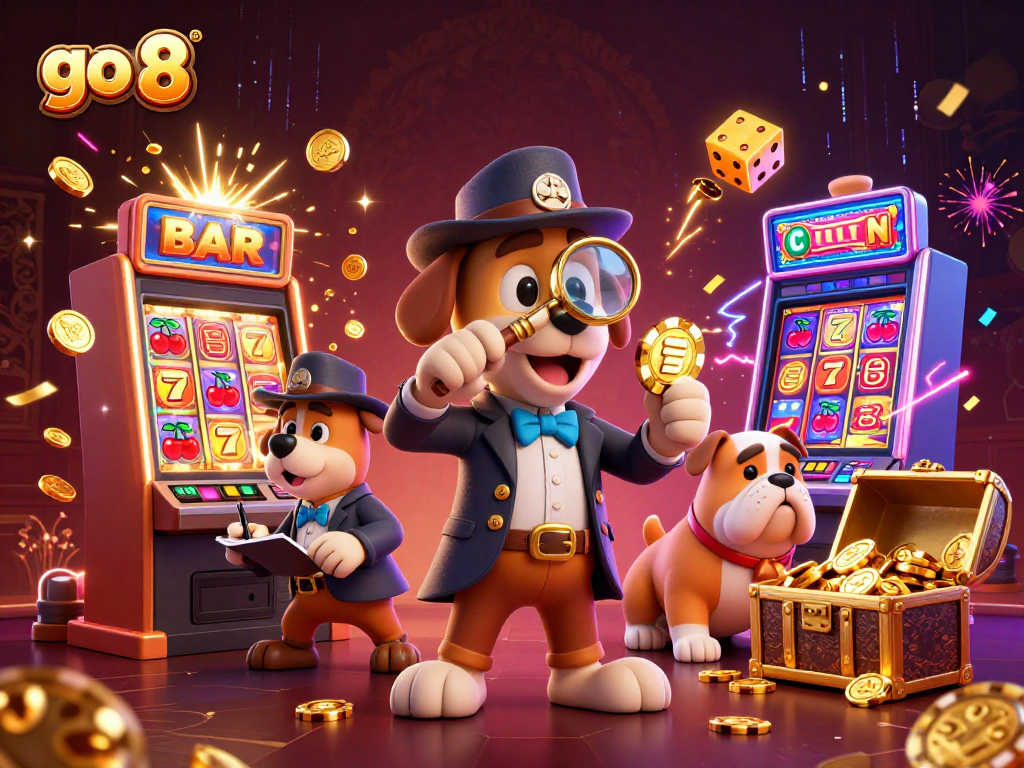 Spin and win at go 8 with golden poker chips, vibrant slot machines, and exciting casino treasures!