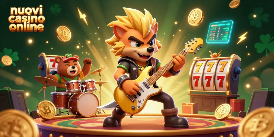 Esplora i nuovi casino online con l'illustrazione di un lupo rock star e un orso batterista in un vivace spettacolo.