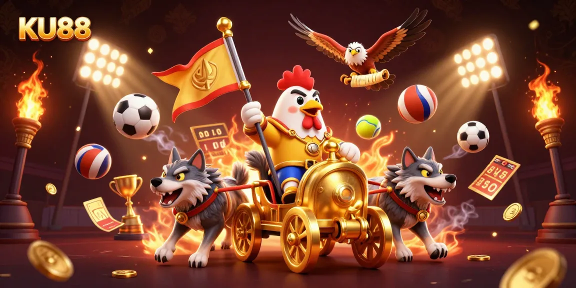 KU88 sports betting scene featuring a rooster warlord and dynamic sports elements, showcasing thrilling action.