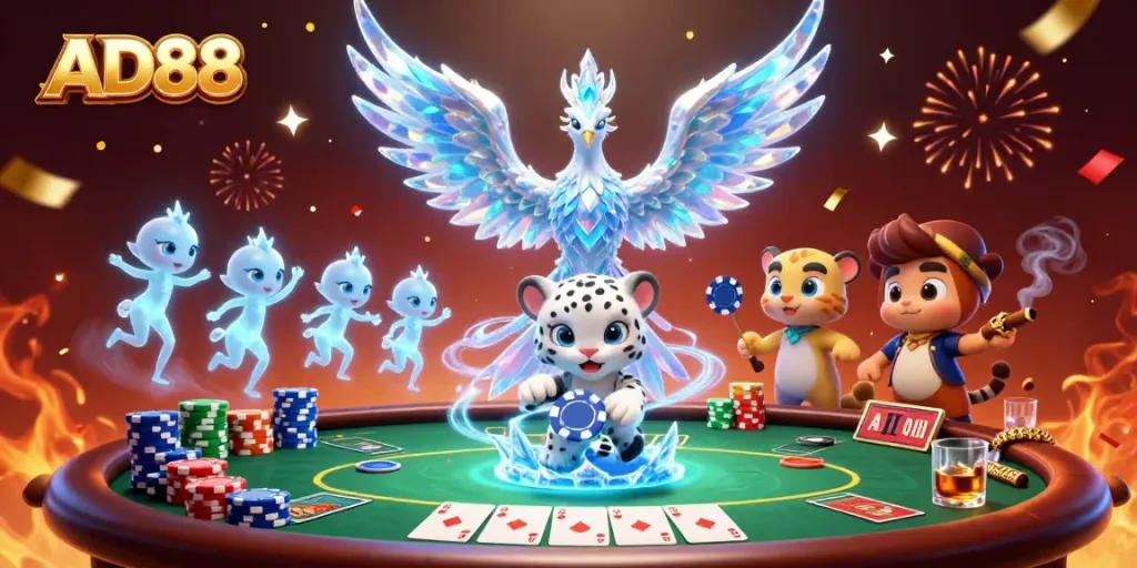 Join the excitement with AD88 in a vibrant casino scene highlighted by stunning characters and dynamic poker elements.