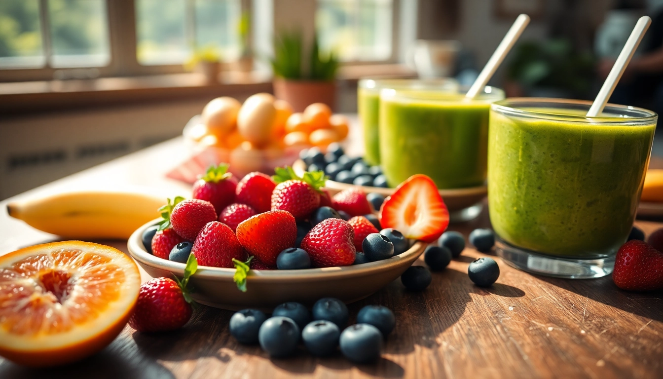 Enjoying a vibrant breakfast spread symbolizing a Healthy Life with fruits and smoothies.