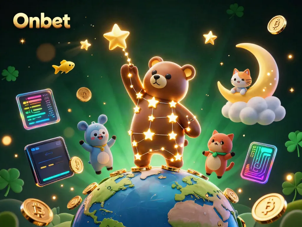 Experience thrilling gaming with Onbet's vibrant constellation of characters and crypto elements in a dynamic casino setting.