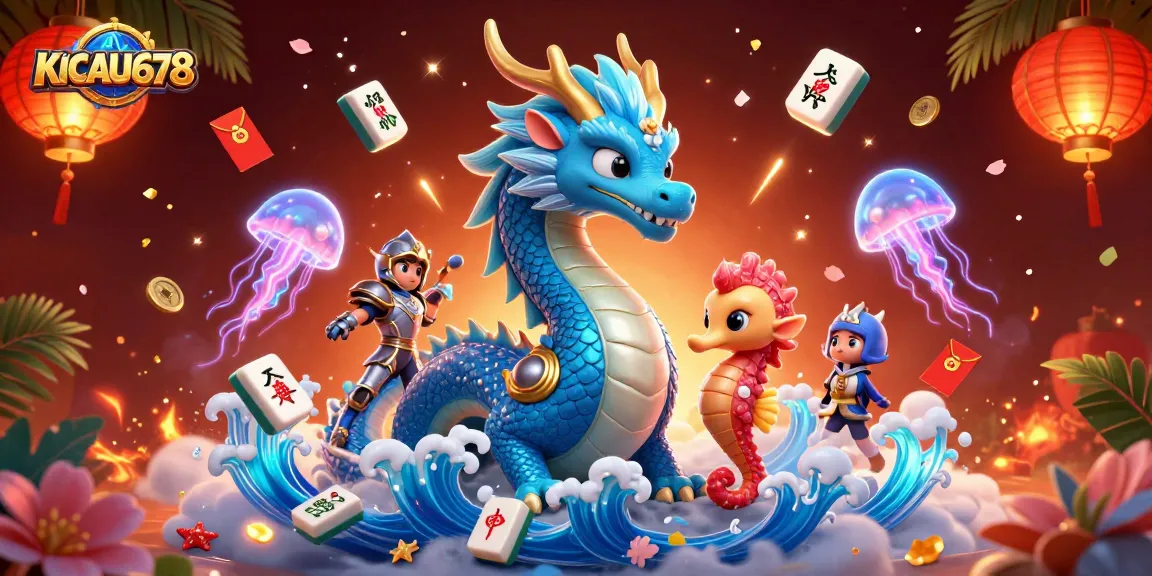 KICAU678 showcases vibrant gaming action with a majestic dragon and seahorse knight amidst festive elements.