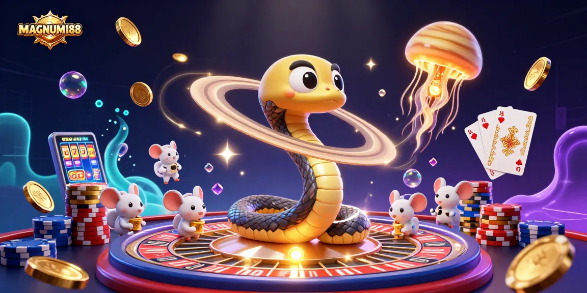 Bet on MAGNUM188's vibrant cosmic casino scene with a Saturn-ring snake and astronaut mice, winning animated prizes.