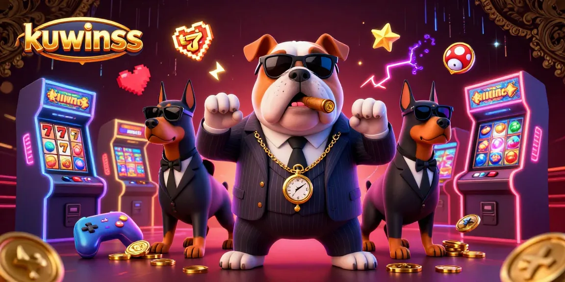 Kuwinss slots action scene with a mafia bulldog and Doberman guards surrounded by vibrant game elements.
