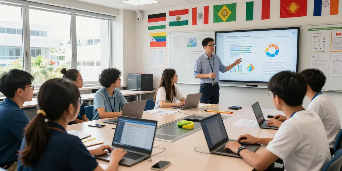 Du học Singapore: Học sinh đa quốc tịch học tập trong lớp học hiện đại với công nghệ tiên tiến.