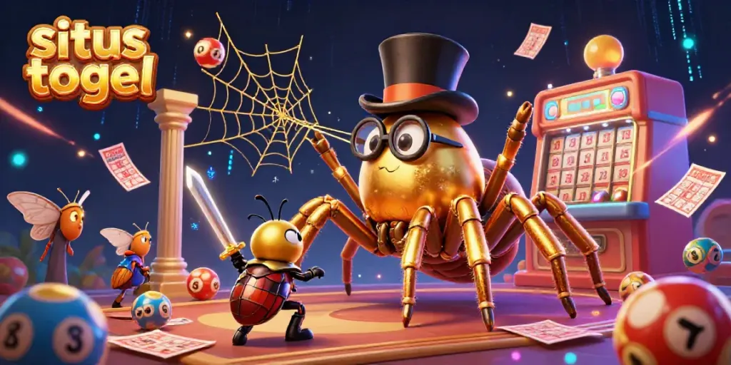 Engage with situs togel through a vibrant lottery scene featuring a golden tarantula and beetle knight.