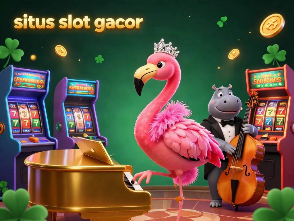 Engage with the exhilarating world of situs slot gacor, featuring a flamingo singer and hippo bassist in a dynamic casino.