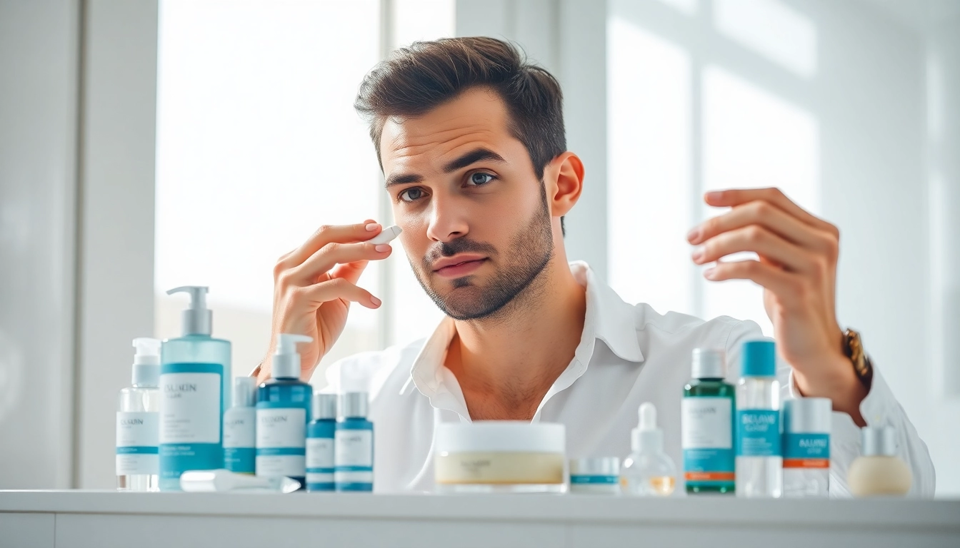Man applying skin care for men while demonstrating a daily skin care routine in a bathroom.